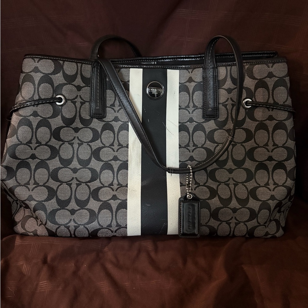 Authentic Coach Signature Canvas Tote – Black & Gray Stripe – Leather Trim